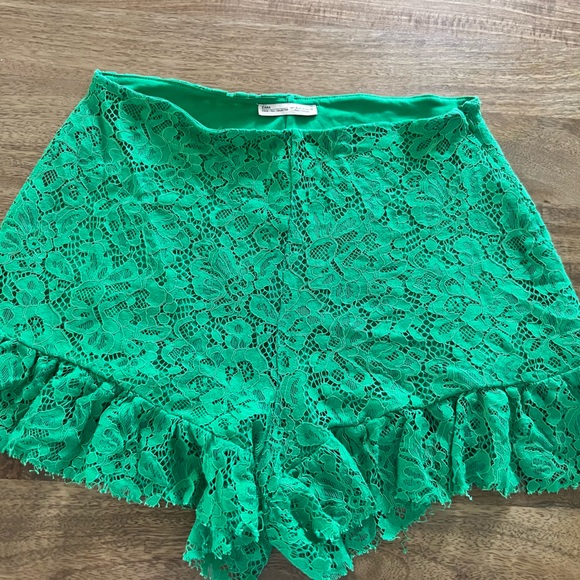 Zara | Shorts | Zara Green Lace Shorts With Ruffle Trim | Poshmark
